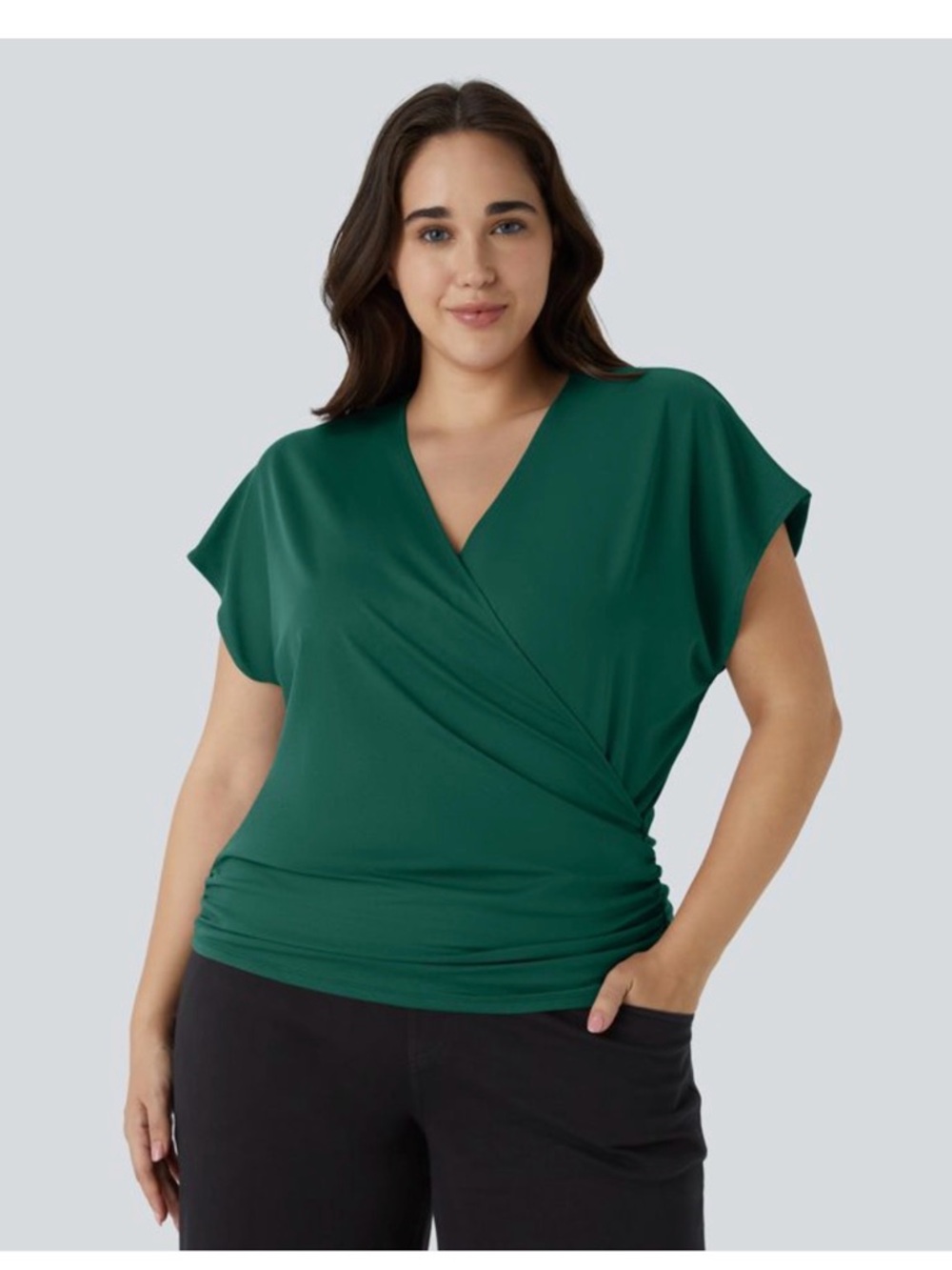 HALARA Forest Green Wrap V-Neck Short Sleeve Top- Large